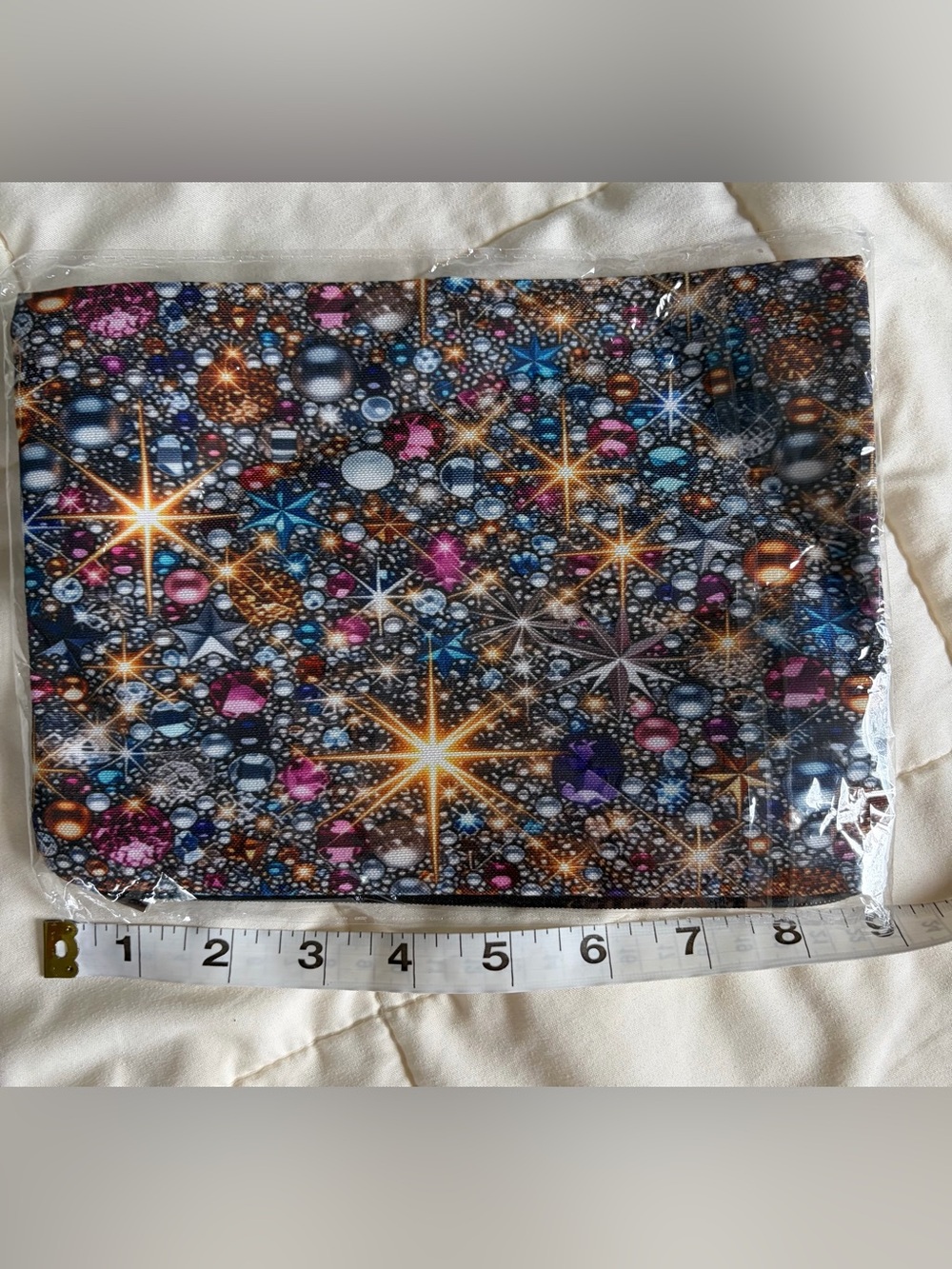 Cosmetic Pouch with Starburst Gem Print - Black Multicolor